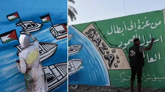 Gazze’deki Filistinli ressamlardan “Küresel Sumud Filosu’na” duvar resimli teşekkür