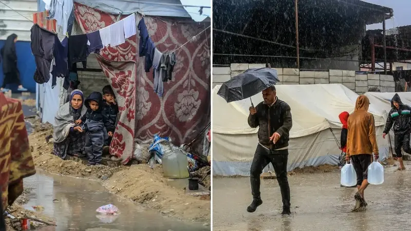 Gazze’de yoğun yağış nedeniyle İsrail saldırılarında evleri yıkılanların kaldığı çadırları su bastı